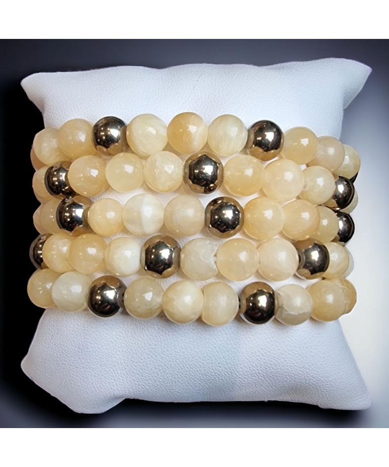 Bracelet Calcite jaune Pierres rondes 8mm et perles dorées