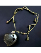 Collier Cœur Obsidienne dorée & Unakite sur cordon réglable