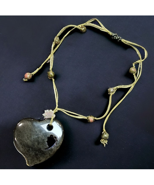 Collier Cœur Obsidienne dorée & Unakite sur cordon réglable