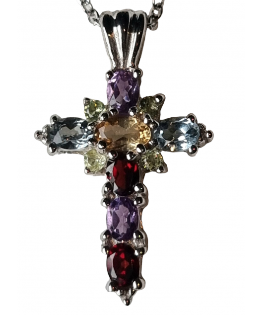 Pendentif Citrine Topaze Grenat Améthyste croix argent 925