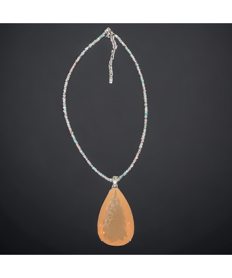 Pendentif Opale de feu A+ & Collier Pierre de lune Tourmaline & Amazonite Argent 925