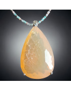 Pendentif Opale de feu A+ & Collier Pierre de lune Tourmaline & Amazonite Argent 925