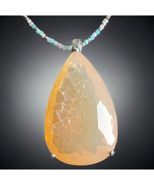 Pendentif Opale de feu A+ & Collier Pierre de lune Tourmaline & Amazonite Argent 925