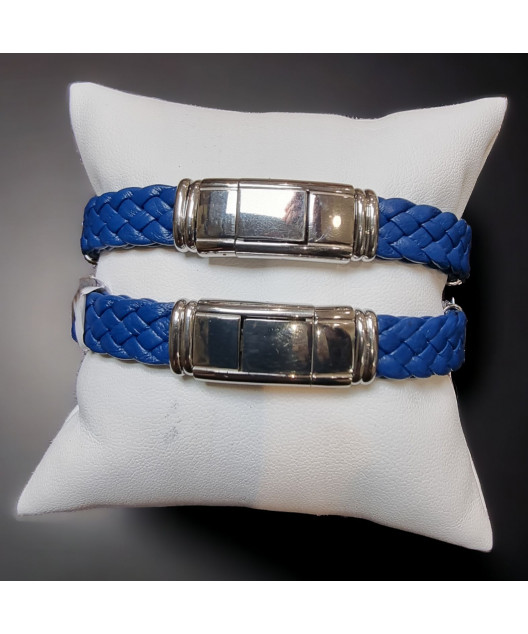 Bracelet Acier & Cuir tressé bleu