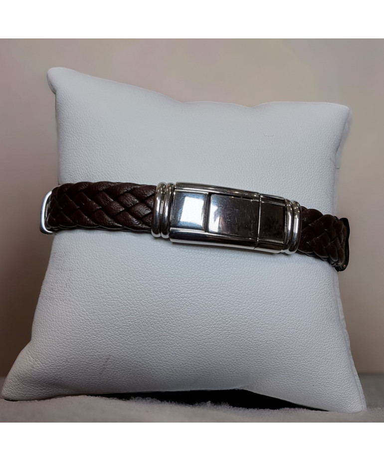 Bracelet Homme Acier & Cuir marron tressé