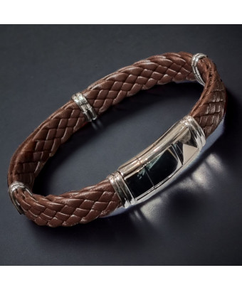 Bracelet Homme Acier & Cuir marron tressé