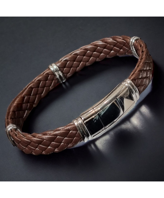 Bracelet Homme Acier & Cuir marron tressé
