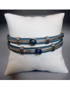 Bracelet Homme Acier câble & Cuir bleu avec bille de Lapis-lazuli