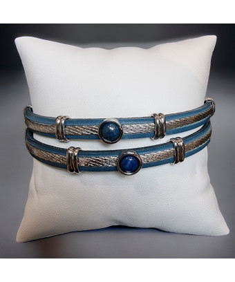 Bracelet Acier câble & Cuir bleu avec bille de Lapis-lazuli