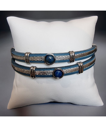 Bracelet Homme Acier câble & Cuir bleu avec bille de Lapis-lazuli