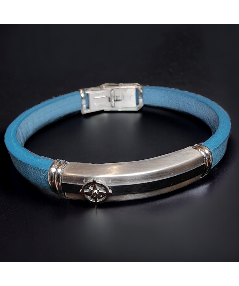 Bracelet Acier & Cuir bleu "Boussole"