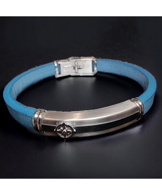 Bracelet Acier & Cuir bleu "Boussole"