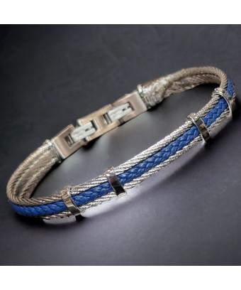 Bracelet Acier câble & Cuir bleu tressé