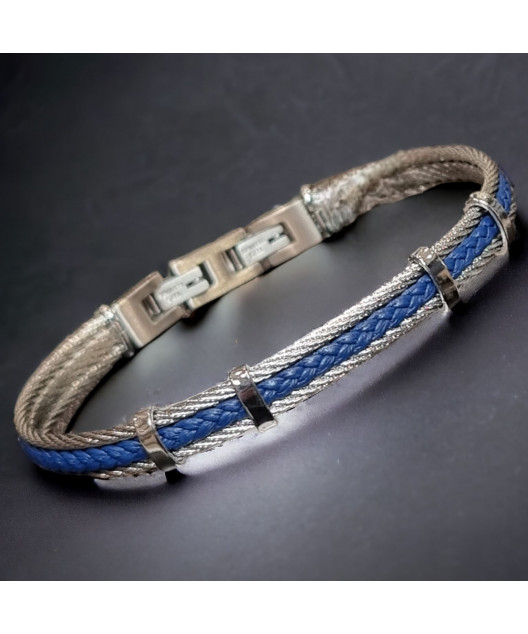 Bracelet Homme Acier câble & Cuir bleu tressé