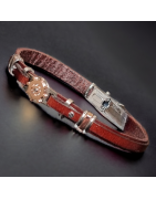 Bracelet Homme Acier & Cuir marron avec "Boussole" rosée