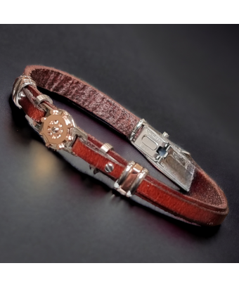 Bracelet Acier & Cuir marron avec "Boussole" rosée
