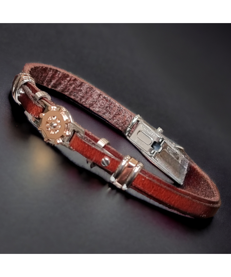 Bracelet Homme Acier & Cuir marron avec "Boussole" rosée