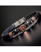Bracelet Homme Acier & Cuir noir avec "Boussole" rosée
