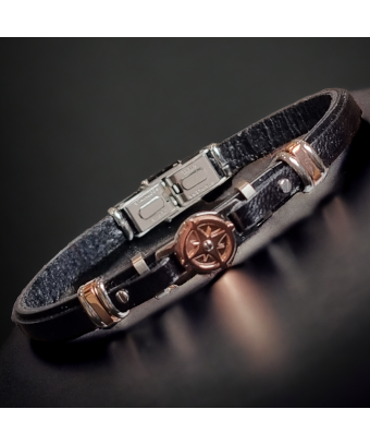 Bracelet Homme Acier & Cuir noir avec "Boussole" rosée