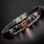Bracelet Acier & Cuir noir avec "Boussole" rosée