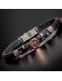 Bracelet Homme Acier & Cuir noir avec "Boussole" rosée
