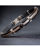 Bracelet Homme Acier câble & Cuir noir avec Onyx