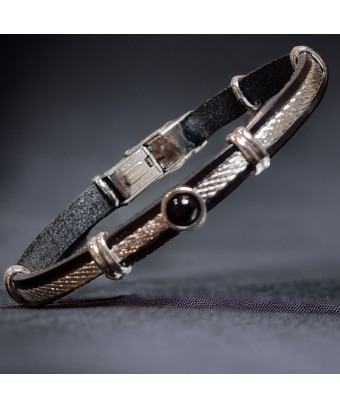 Bracelet Acier câble & Cuir noir avec Onyx