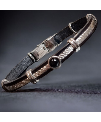 Bracelet Homme Acier câble & Cuir noir avec Onyx