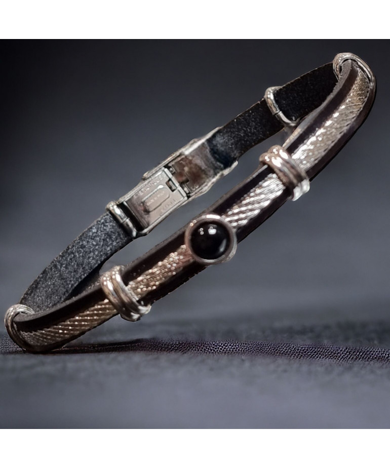 Bracelet Homme Acier câble & Cuir noir avec Onyx