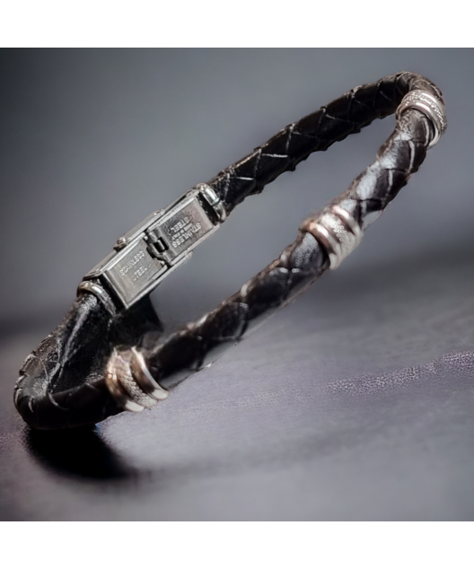 Bracelet Acier & Cuir noir tressé