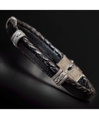 Bracelet Acier & Cuir noir tressé