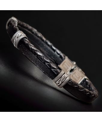 Bracelet Homme Acier & Cuir noir tressé