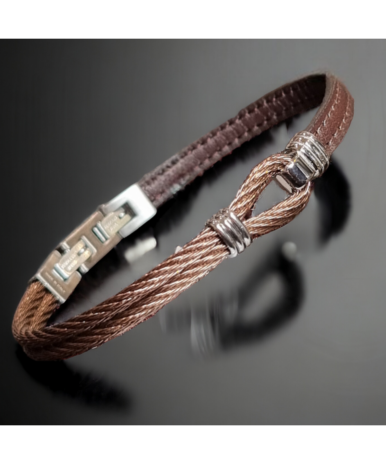 Bracelet Homme Acier câble & Cuir marron