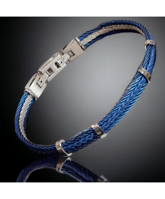 Bracelet Acier câble & Cuir tressé bleu