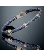 Bracelet Homme Acier & Cuir bleu tressé