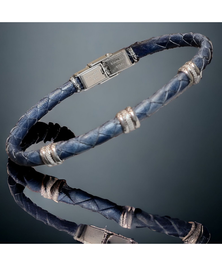 Bracelet Acier & Cuir bleu tressé