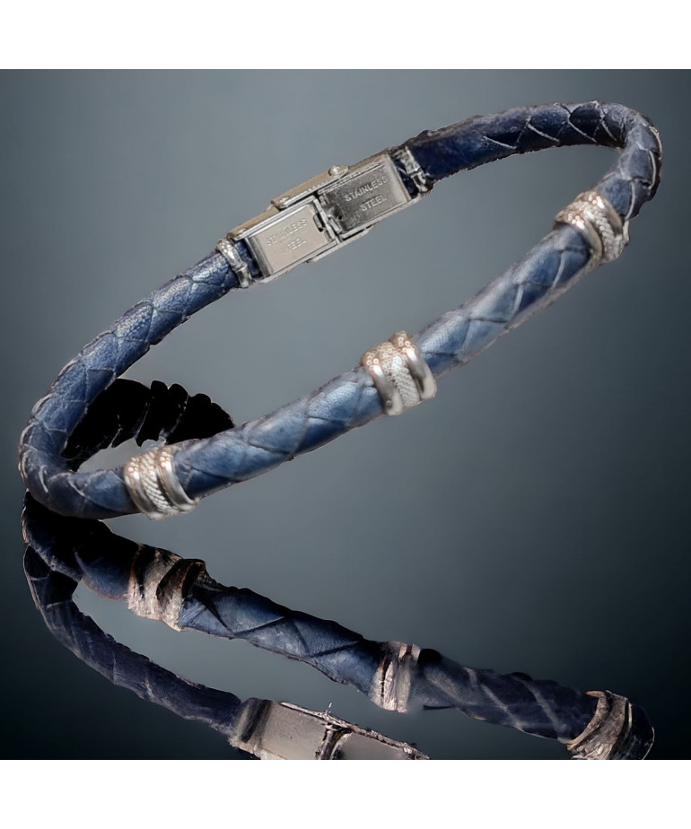 Bracelet Homme Acier & Cuir bleu tressé