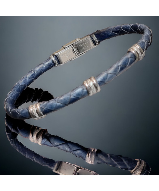 Bracelet Homme Acier & Cuir bleu tressé