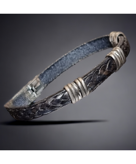 Bracelet Acier & Cuir noir tressé