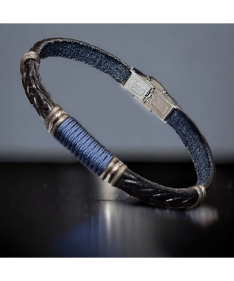 Bracelet Acier Corde bleue & Cuir noir tressé