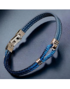 Bracelet Homme Acier câble & Cuir bleu