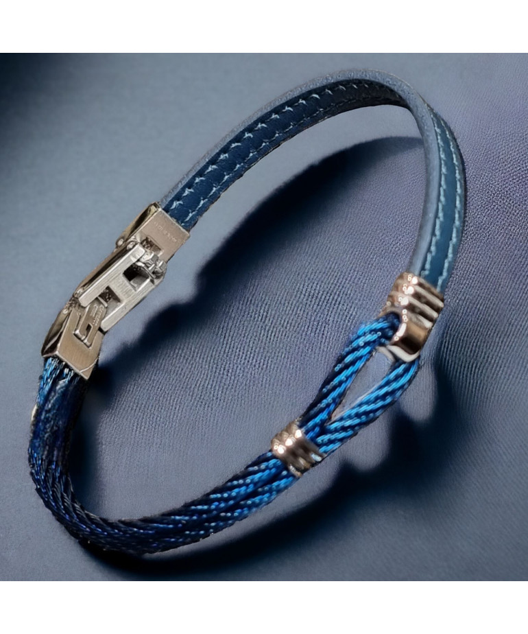 Bracelet Homme Acier câble & Cuir bleu