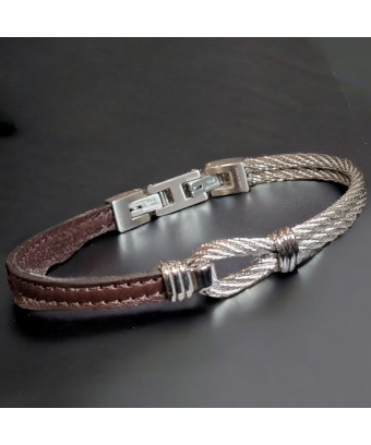 Bracelet Homme Acier câble & Cuir marron