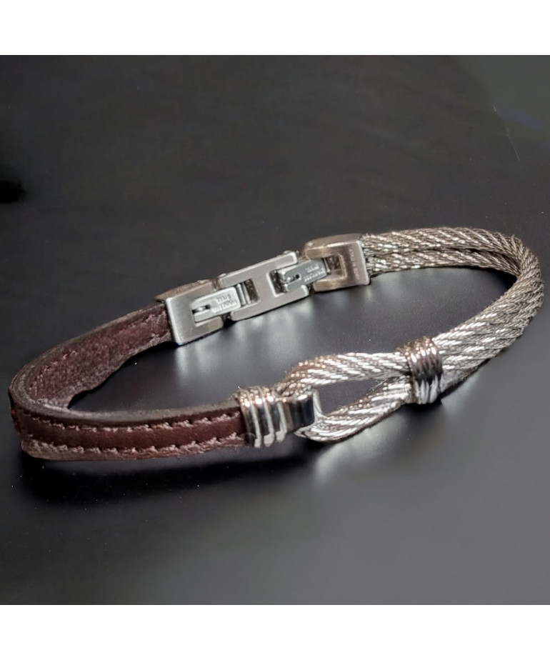 Bracelet Homme Acier câble & Cuir marron