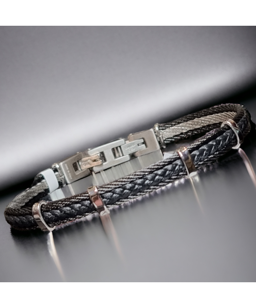 Bracelet Acier & Cuir noir tressé