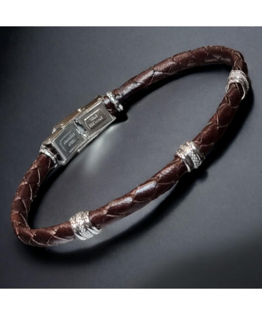 Bracelet Acier & Cuir marron tressé