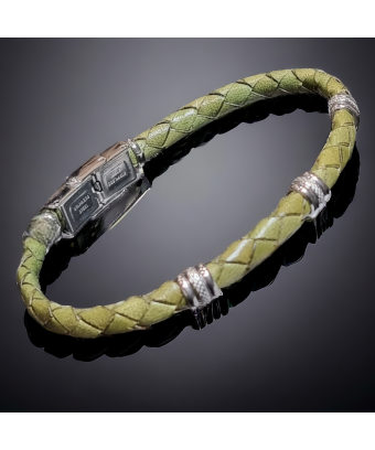 Bracelet Homme Acier & Cuir vert tressé