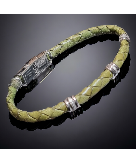 Bracelet Acier & Cuir vert tressé