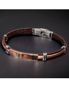 Bracelet Homme Acier tresse et plaque cuivre & Cuir marron