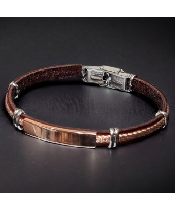 Bracelet Homme Acier tresse et plaque cuivre & Cuir marron